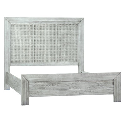 Salman Acacia Wood Eastern Bed with Rattan Headboard in Light Gray Wash