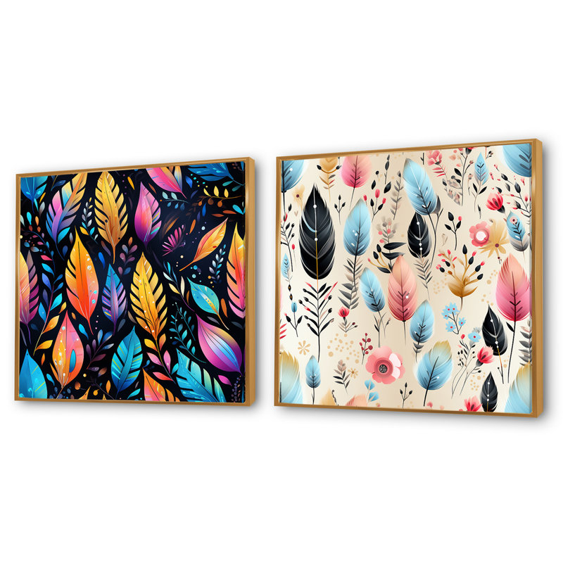 Tomoyo - Ensemble de 2 collages abstraits carrés, Cadre flottant doré, H 36 po x l 73 po