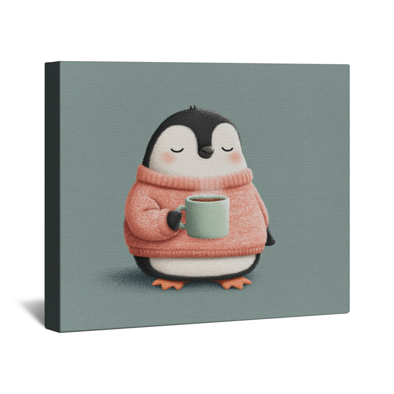 Pingouin avec tasse à café sur toile tendue en plusieurs tailles, 16 po x 16 po