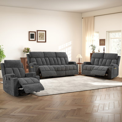 3-Piece Manual Reclining Living Room Set With Massage & Heat Recliner, Loveseat And 3-Seat Sofa With Fixed Center