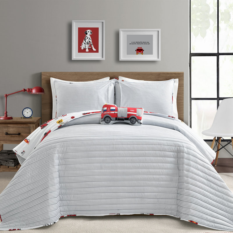  Ensemble de courtepointe Fire Truck, Rouge / Blanc, Courtepointe simple + 1 taie décorative + 1 couss