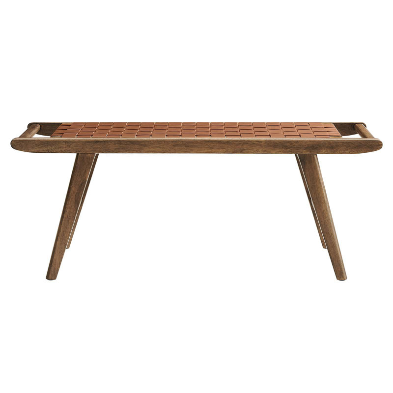 Saoirse 47" Faux Leather Wood Bench, Brown, Walnut