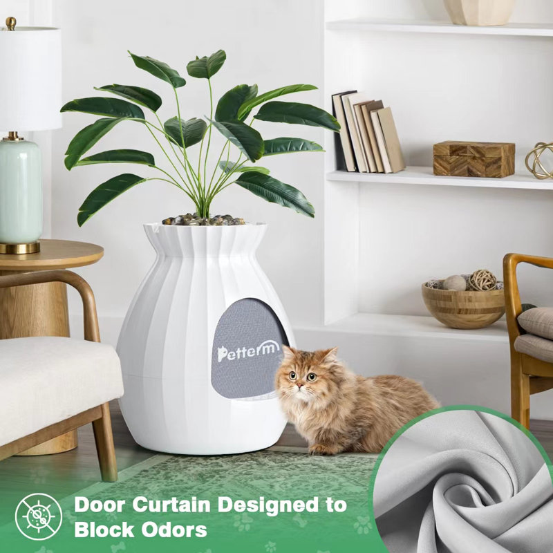 White Large Hidden Cat Litter Box with Faux Plant and Odor Control