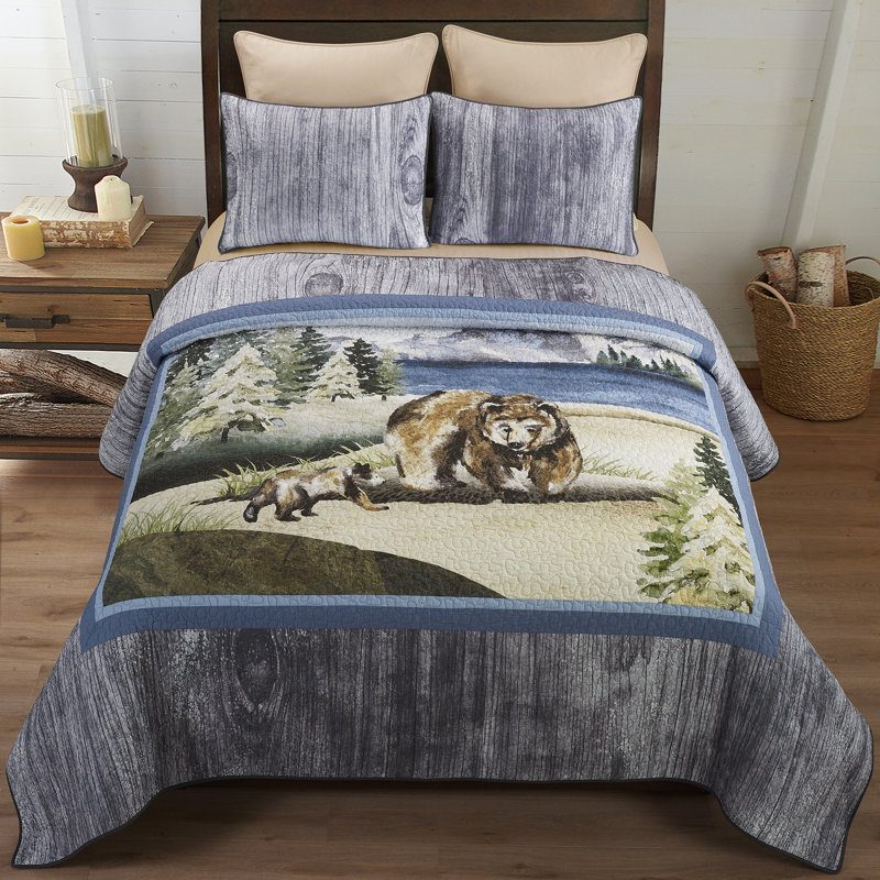 Gray Cotton Full Quilt Set with Bear Design