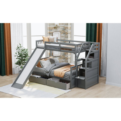 Twin Over Full Bunk Bed With Drawers,Storage And Slide, Multifunction Bedroom Furniture