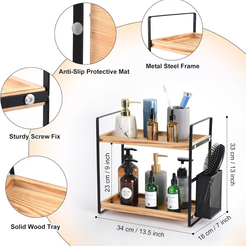 2 Tier Bathroom Counter Organizer With Basket For Skincare, Makeup, And Kitchen Essentials Storage