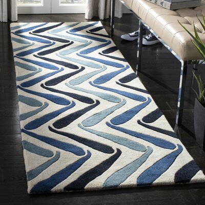 Deedre Chevron Handmade Tufted Wool Blue/Black/Beige Area Rug -  George Oliver, 848D6F7730294D76AA3458C7FF7B91FE