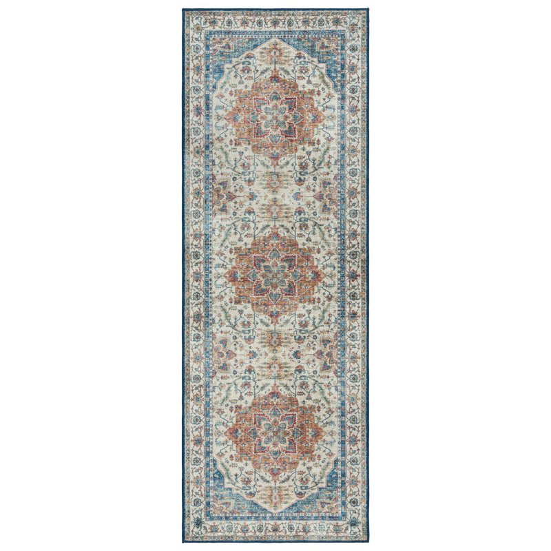 Samira Tiefi Blue Red Multi Machine Washable Traditional Medallion Indoor Area Rug, Flat Pile for Living Room & Bedroom - Blue, 2x6 Runner
