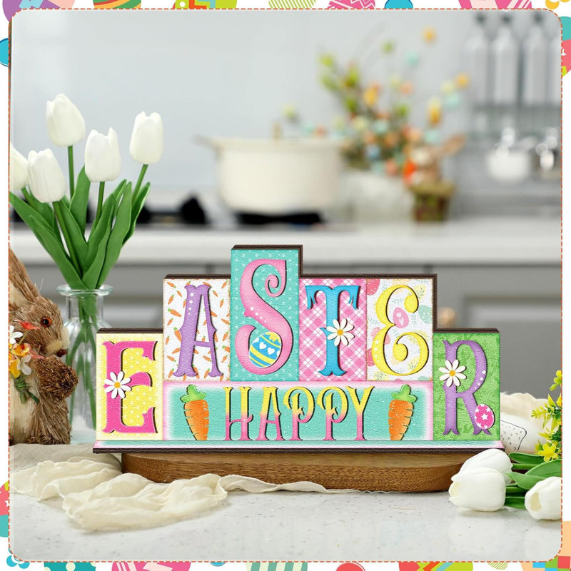Décorations de table de campagne de Pâques réversible en bois Hello Spring, panneau de table de ferme, centre de table de printemps rustique, décoration de plateau à niveaux pour bureau à domicile, tablette de manteau de cheminée