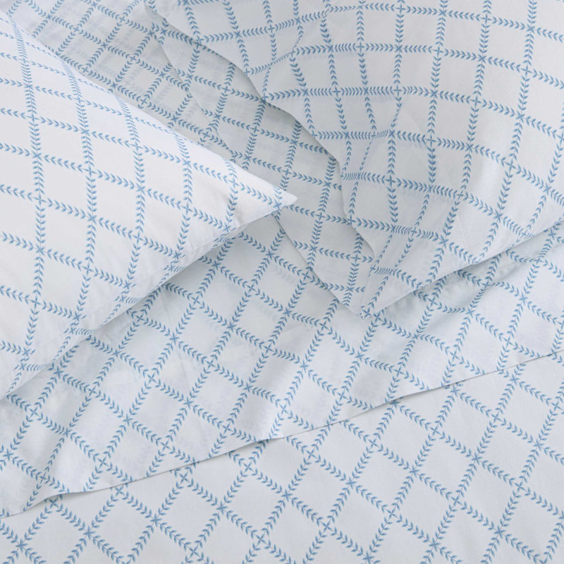 Martha Stewart Cotton Percale  Sheet Set, Twin Sheet Set with 1 Pillowcase, Leaf Trellis Blue