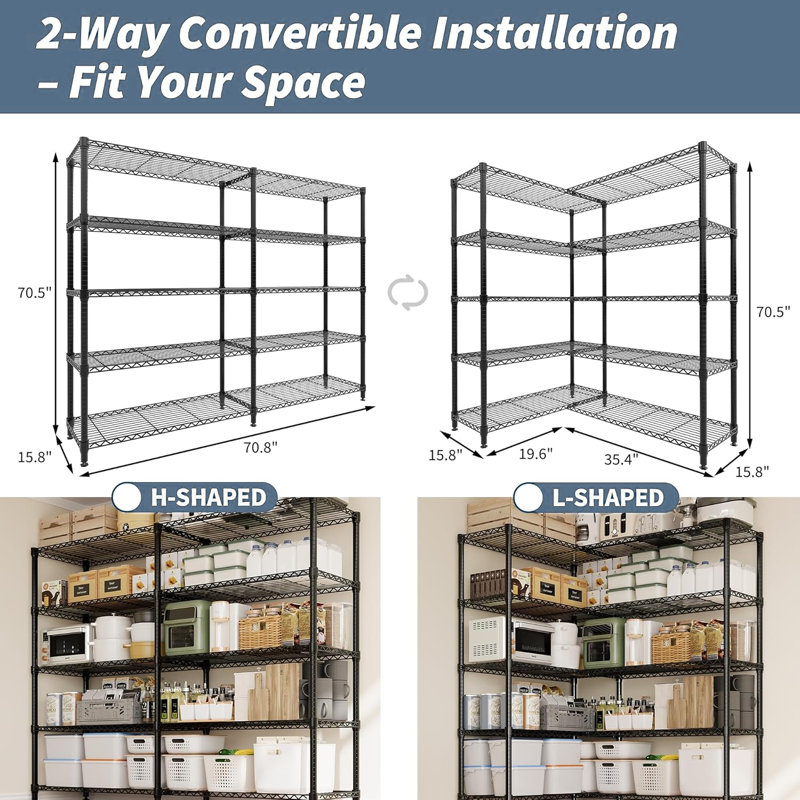 177.8cm H Storage Shelves 601 kg Metal Shelving, 177.8 cm Wide Wire Shelf 5-Tiers Storage Shelving Unit Heavy Duty, L-Shaped Wire Rack for Kitchen Office Pantry Garage