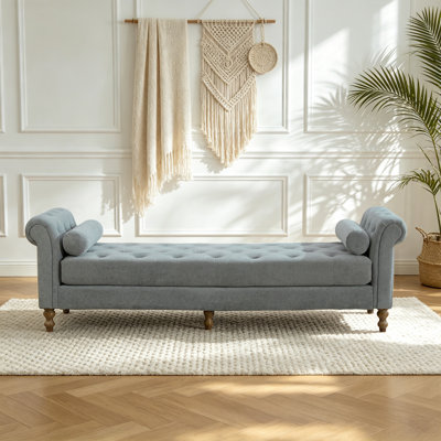 87" W Upholstered Tufted Bench with Rolled Arms and 2 Bolster Pillows