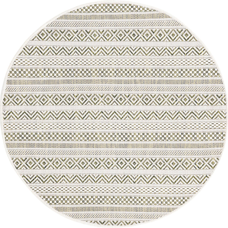 Tapis rayé en polypropylène tissé à la machine intérieur / extérieur gris clair, Rond 3 pi 3 po
