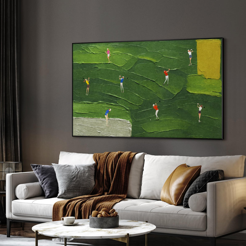 Très grand art mural imprimé sur toile - chiffres de balançoire de golf sur une allée abstraite verte, décoration d'art pour le salon ou la chambre à coucher - «Assemblage requis du cadre (cadre non fini)»