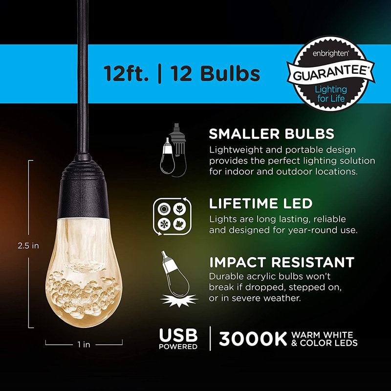Guirlande de lumières en acrylique pour café Enbrighten, USB, 12 pi - 48366