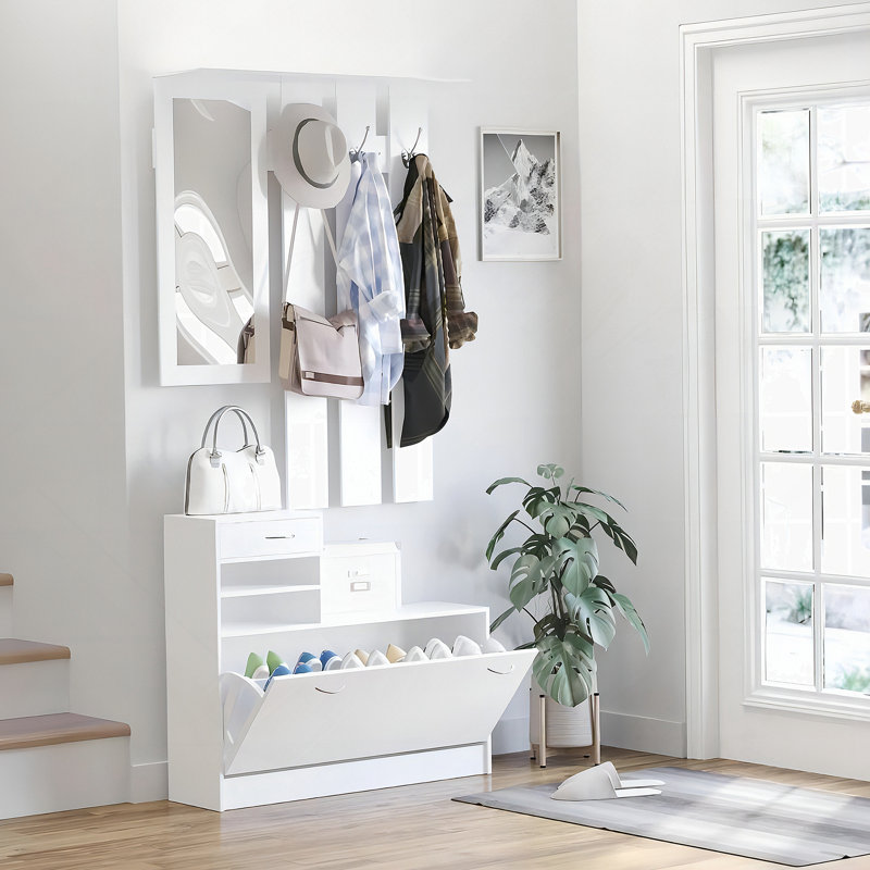 Armoire à combinaison avec armoire à chaussures + étagère suspendue + miroir, Blanc mat
