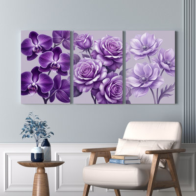 Purple Orchid Rose And Anemone Floral Canvas Wrapped Wall Art Oil Painting Print Set Of 3 For Living Room Bedroom Decor