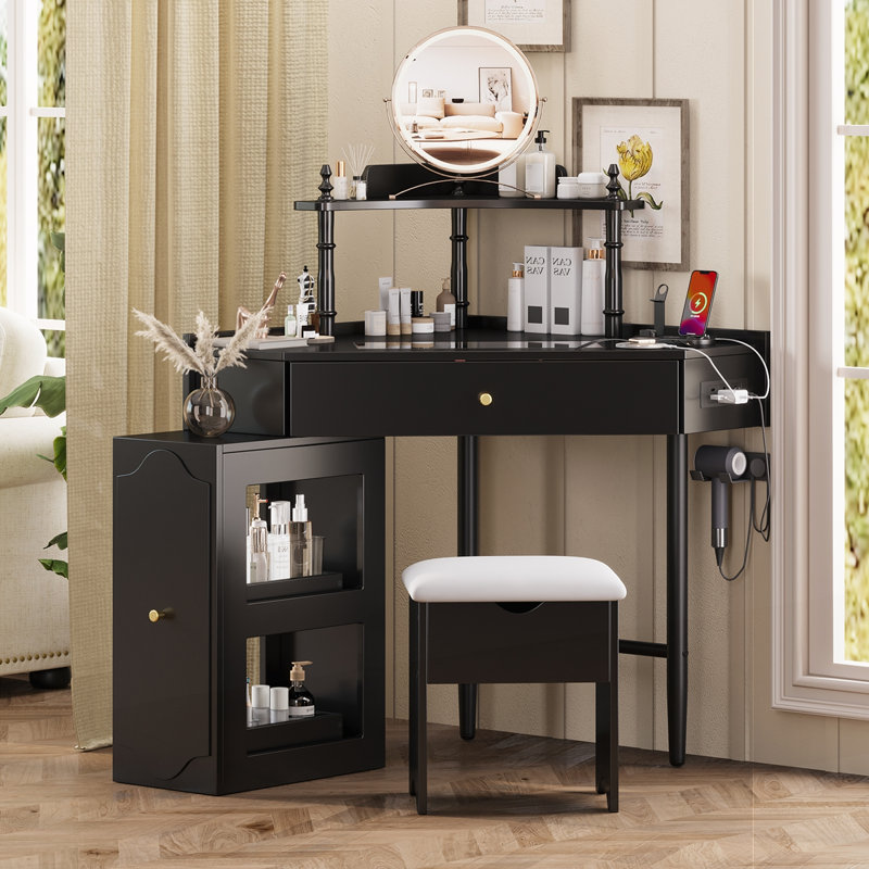Ensemble de bureau de coiffeuse d'angle avec tabouret de rangement rembourré et station de charge, Noir