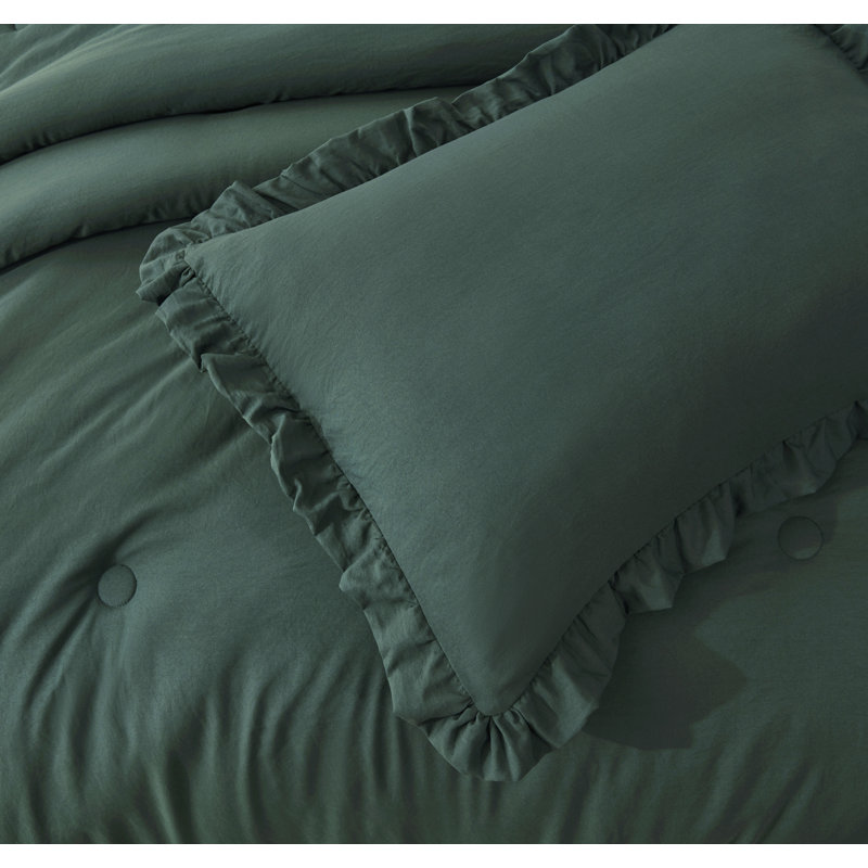 Nora Washed Microfiber Ruffled Comforter Set, King Comforter + 2 King Shams, Emerald