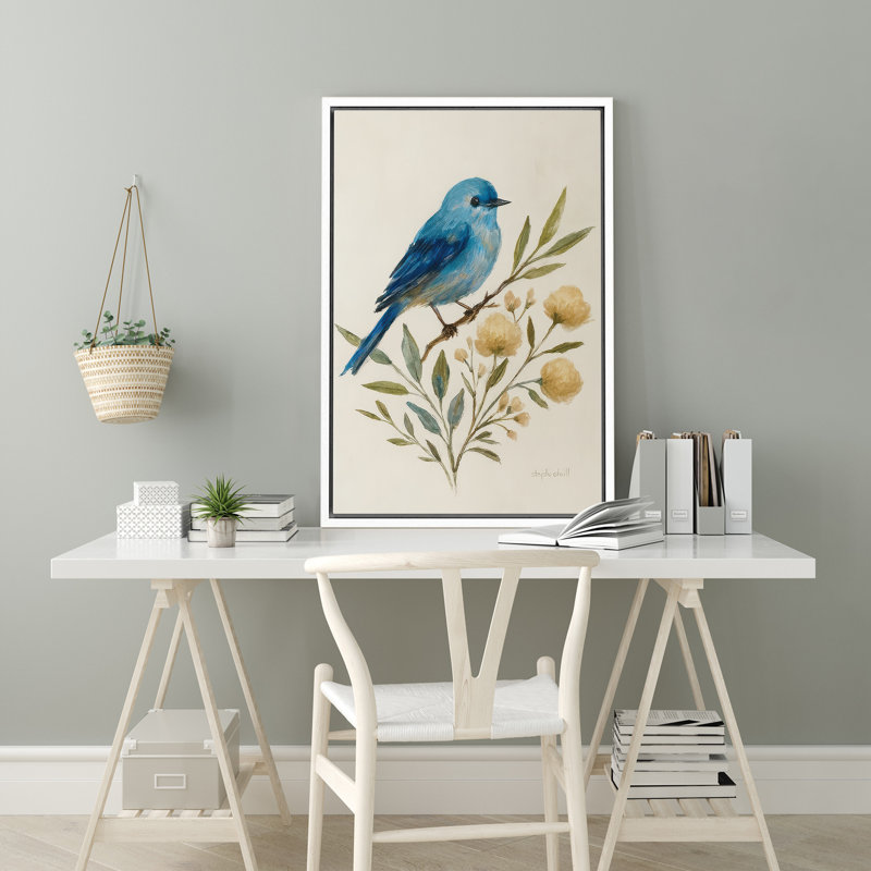 Watercolor Blue Bird on Floral Branch - Pictures Framed Canvas Print Wall Art, 36" H x 24" W x 1.5" D, White Frame