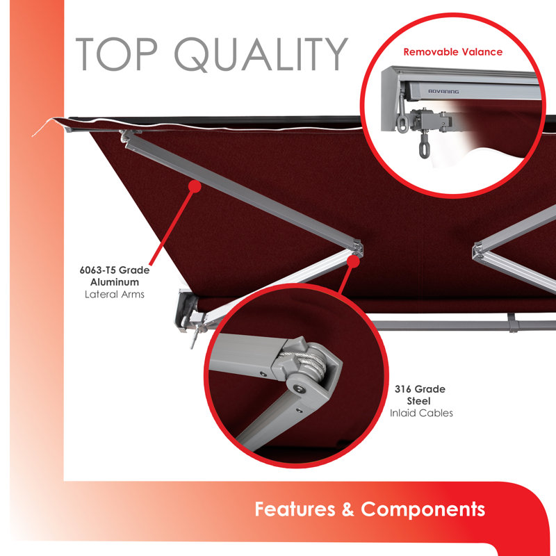 Advaning Classic Series 12'x10' Motorized Remote Controlled Retractable Awning, 9.8" H x 144" W x 120" D, Burgundy Solid