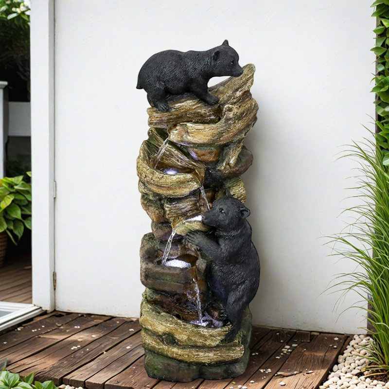 39.3" Tall Outdoor Water Fountain, 5-Tier Floor Standing Resin Bears Tree Waterfall Fountain With LED Lights, Pump For Garden, Patio, Backyard