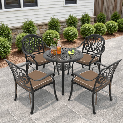 5-Piece 30.71 - inch Round Table Cast Aluminum Outdoor Dining Set with Umbrella Hole and Cushions