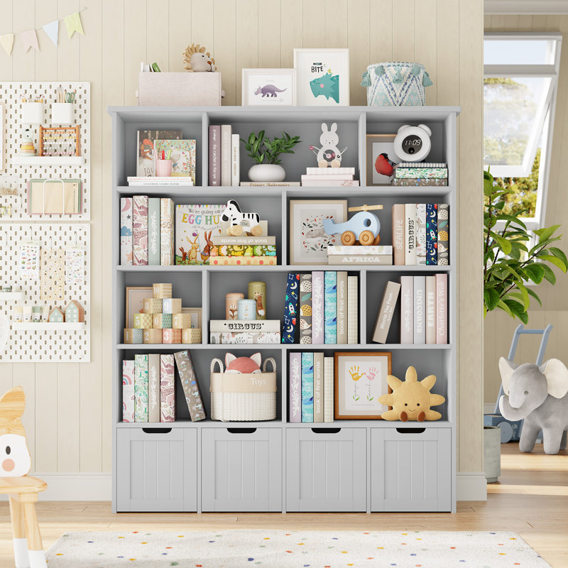57.5"H 5-Tier Cube Storage Bookcase, Standard Bookcase with 4 Removable Drawers, Grey
