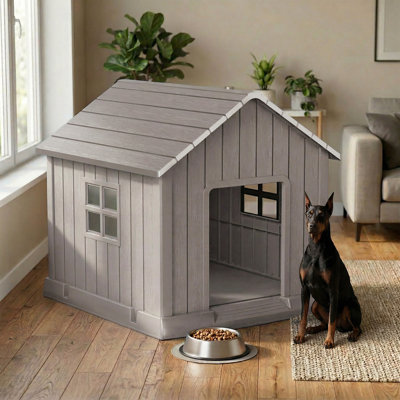 38.85"H Weather-Resistant And Waterproof Resin Large Dog House With Raised Floor And Ventilation(Gray)