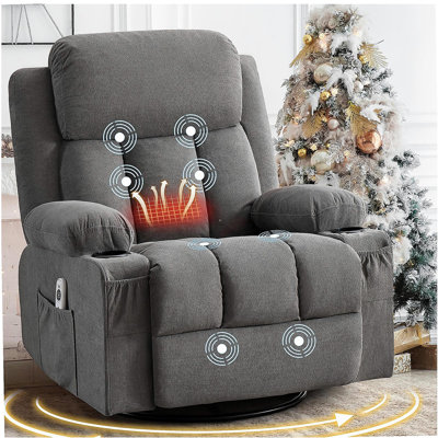 Fauteuil inclinable et pivotant avec massage par vibration et chaleur pour le salon, avec fonction berçante et poche latérale, port de charge USB, 2 porte-gobelets