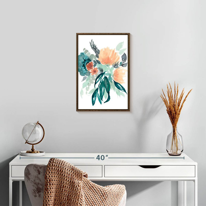 Bleu sarcelle et bouquet de pêche I, Cadre flottant noyer, 13" x 19"