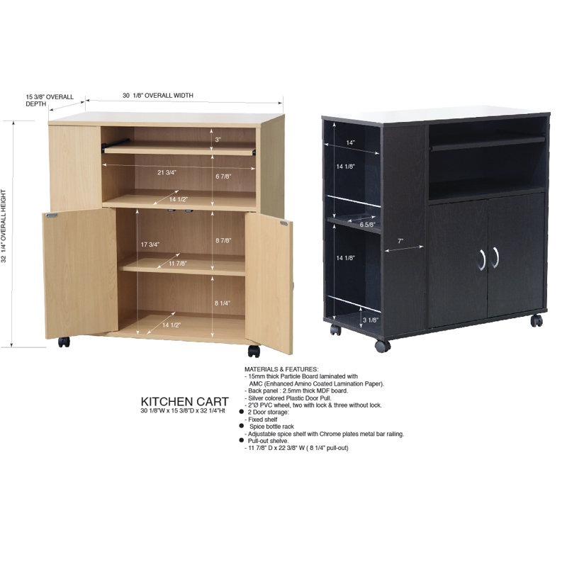 Armira 30" Kitchen Island Rolling Cart on Wheels with Storage Cabinet, Beech