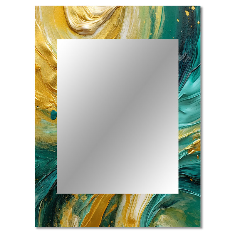 «Golden Turquoise Waves Breaking Abstract IV», grand miroir à formes abstraites, décor de miroir mural doré unique, art imprimé en métal