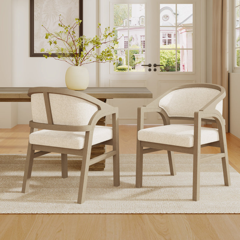 Meika Modern Scandinavian Rubberwood Upholstered Dining Chair With Curved Back Support, White Cushion/Light Ash Frame