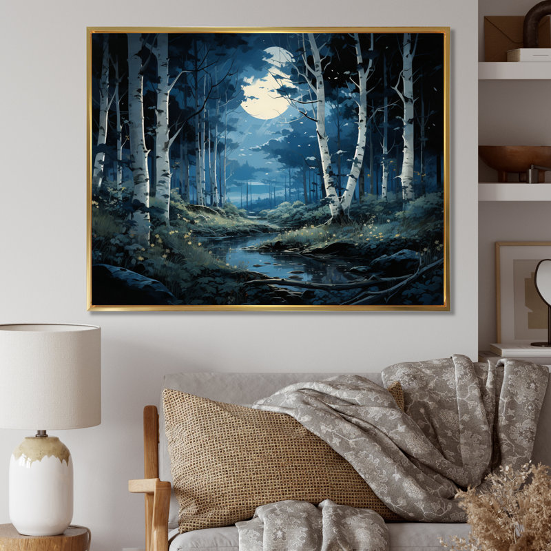 Birch Woods Moonlit Symphony IV sur impression sur toile, H 16 po x l 32 po x P 1 po, Cadre flottant doré