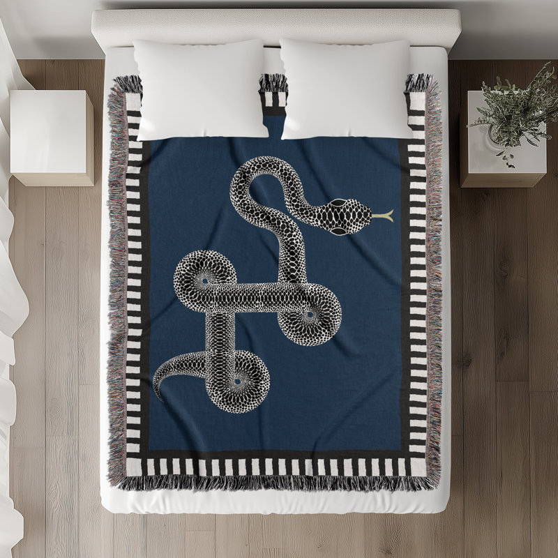 Jeté en mélange de coton Vanjo Snake, Bleu / Noir / Blanc cassé, L 60 po x l 50 po