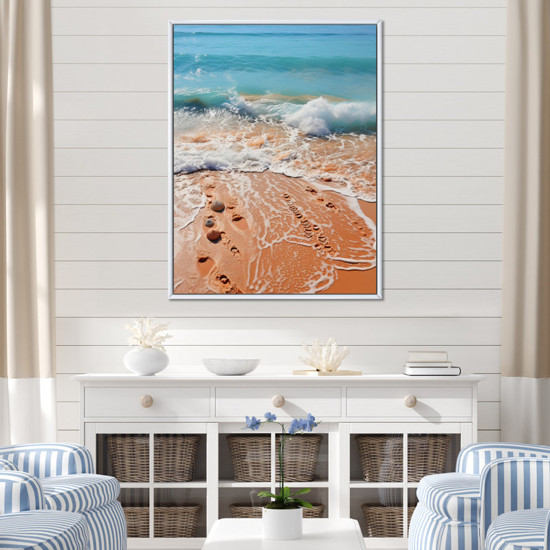 «Beach Footprints In The - Coastal Pier», reproduction d'art, H 20 po x l 12 po x P 1 po, Cadre flottant blanc