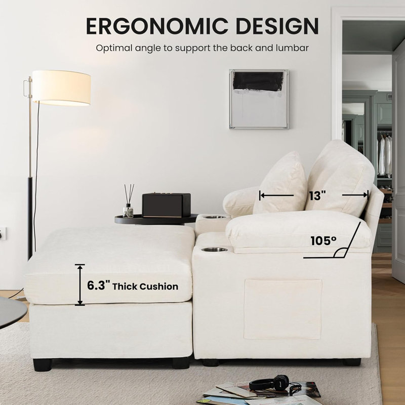Modern Accent Chair with Ottoman, Chenille Single Sofa Comfy Storage Couch with Cupholders, USB Charging Ports for Living Room,Bedroom,Apartment