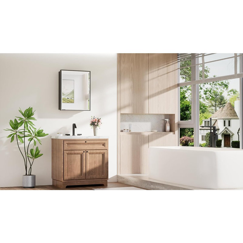 Armoire à pharmacie avec miroir encastré 20 po x 26 po, cadre en aluminium noir avec miroir biseauté, rangement mural pour salle de bain