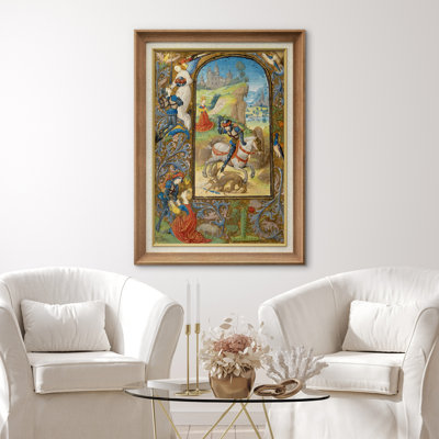 Ornement médiéval Saint George, tueur de dragon illuminé avec bordure florale, photos de salon gothique rétro, impression sur toile encadrée, impression sur toile