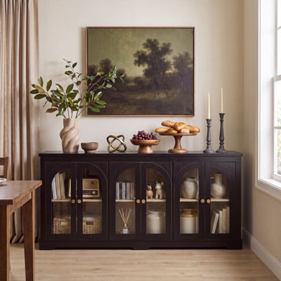 68" Modern Arched Glass Sideboard with 6 Doors, Buffet Cabinet with Storage and Adjustable Shelves, Large Credenza for Living Room,Kitchen,Entryway,Black