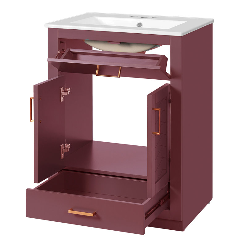 24" Freestanding Bathroom Vanity With Ceramic Top, Dark Pink