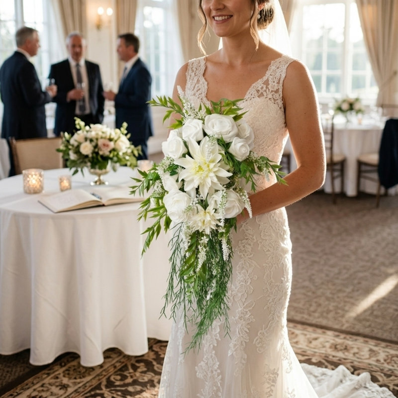 burlap sack dress 50 shades of grey Canora 11.8-Inch White & Greenery Cascading Bridal Bouquet For Wedding Ceremony, Anniversary, French Rustic Vintage Style - Artificial Flowers marketing_featured_styles