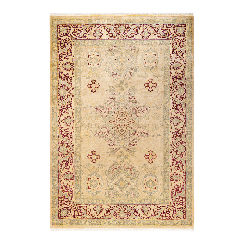 Tapis unique noué à la main beige / rouille / vert Keenan, 6 pi 1 po x 8 pi 10 po
