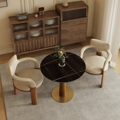 33" Round Dining Table with Marble-Style Top and Gold Pedestal Base — Modern Chic for Small Spaces
