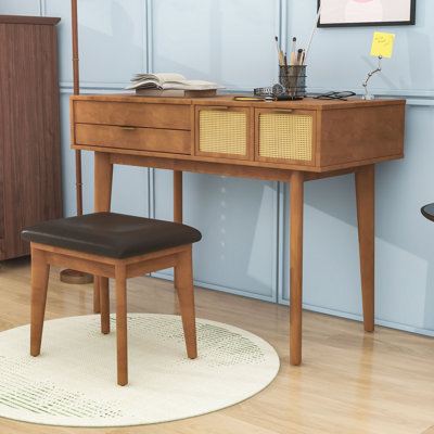 Ensemble de coiffeuse maquillage avec miroir rabattable, tabouret rembourré, tiroirs et détails en rotin
