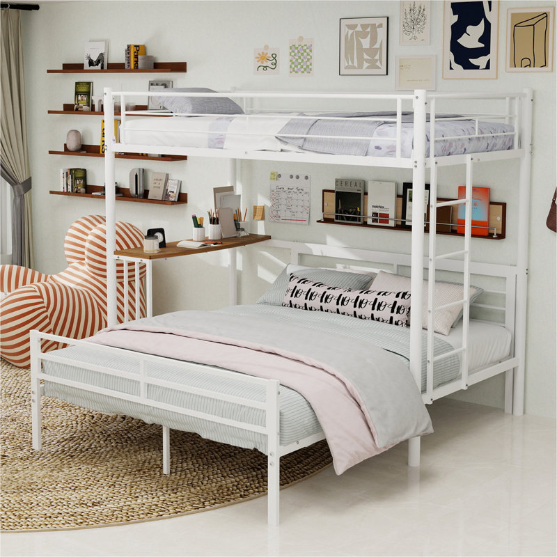 Structure de lit superposé simple au dessus d'un lit double en métal robuste avec échelle pratique et tablette de rangement, solution moderne pour économiser de l'espace pour les enfants et les adultes, assemblage facile, finition blanche, taille simple / double