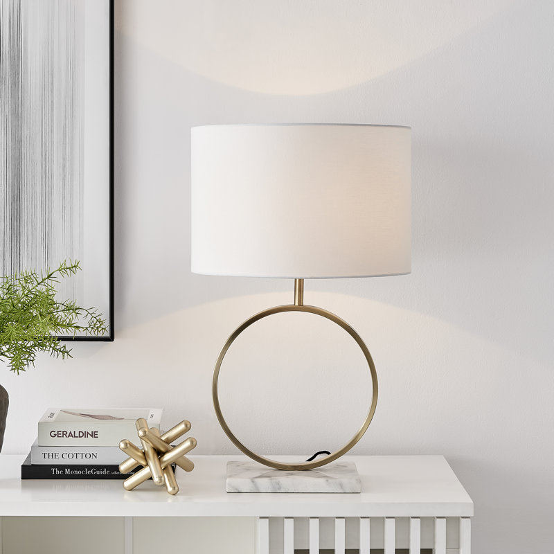 Andrin Gold & White Shade Metal Halo Marble Stand Table Lamp Light (Including Bulb), White