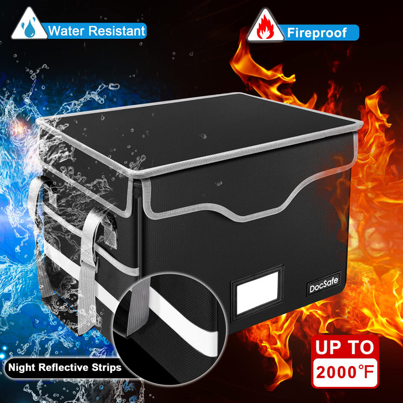 Black Fireproof Document Storage Box with Lock and Pockets, 2 Pack