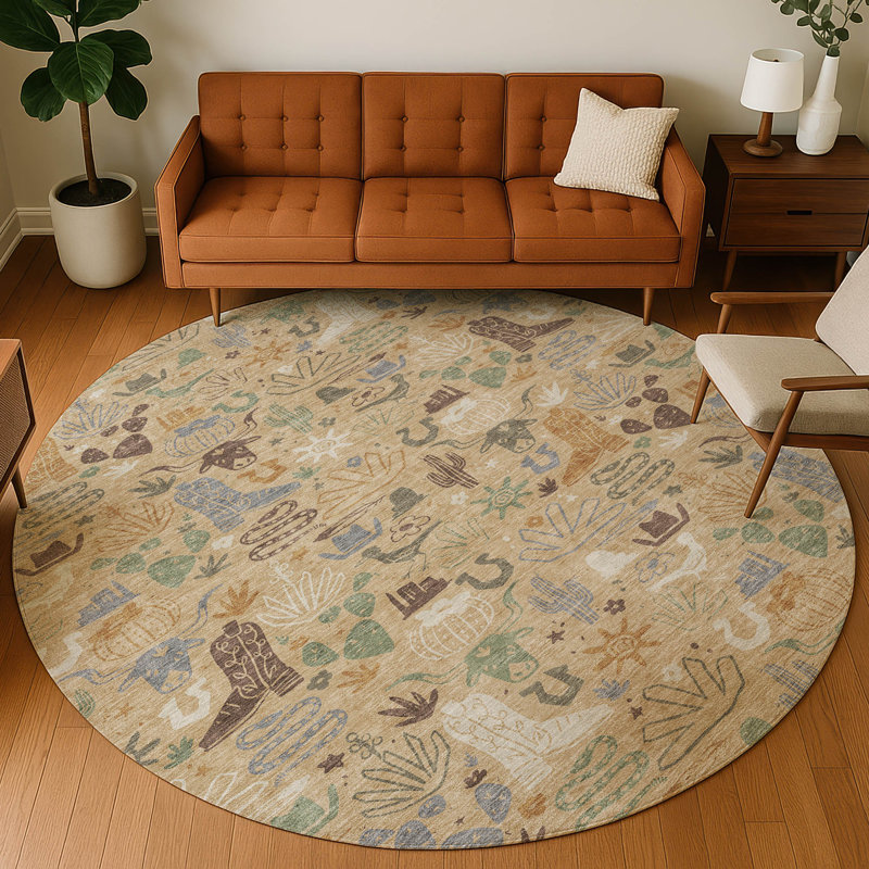 Machine Washable Indoor/Outdoor Chantille ACN2512 Kids Rug, Gold, Round 8'